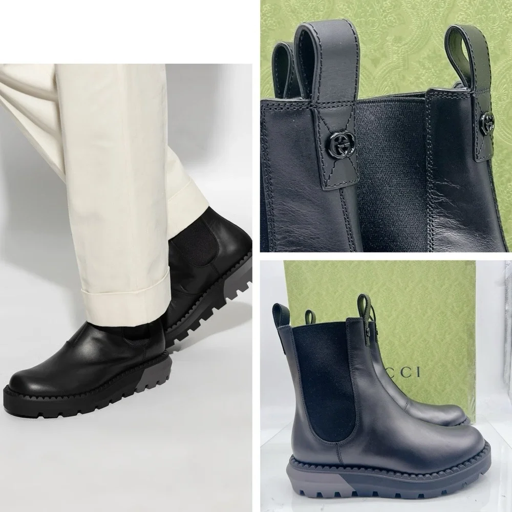 Gucci Chelsea Leather Interlocking GG Ankle Boots Black Men's UK 7.5 US 8